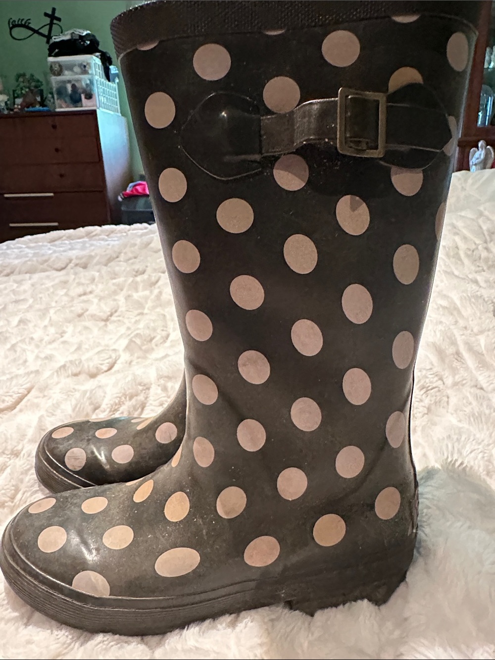 L.L. Bean Kids Black Rain Boots with Pink Polka Dots